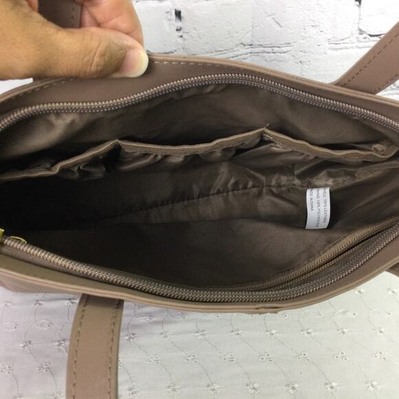 Joy Mangano Leather Double Handle Zipper Multiple Compartment Tan Tote Handbag - Picture 7 of 12